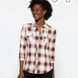 Market & Spruce Dark Red and White Button Down Shirt Stretchy Flannel